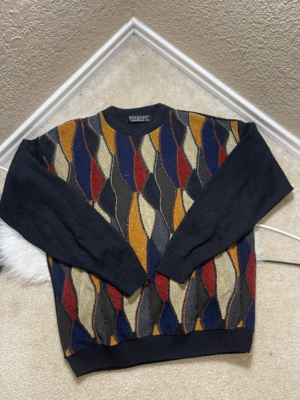 Vintage Protege Sweater Mens XL Multicolor Acrylic Geometric Knit USA 90s